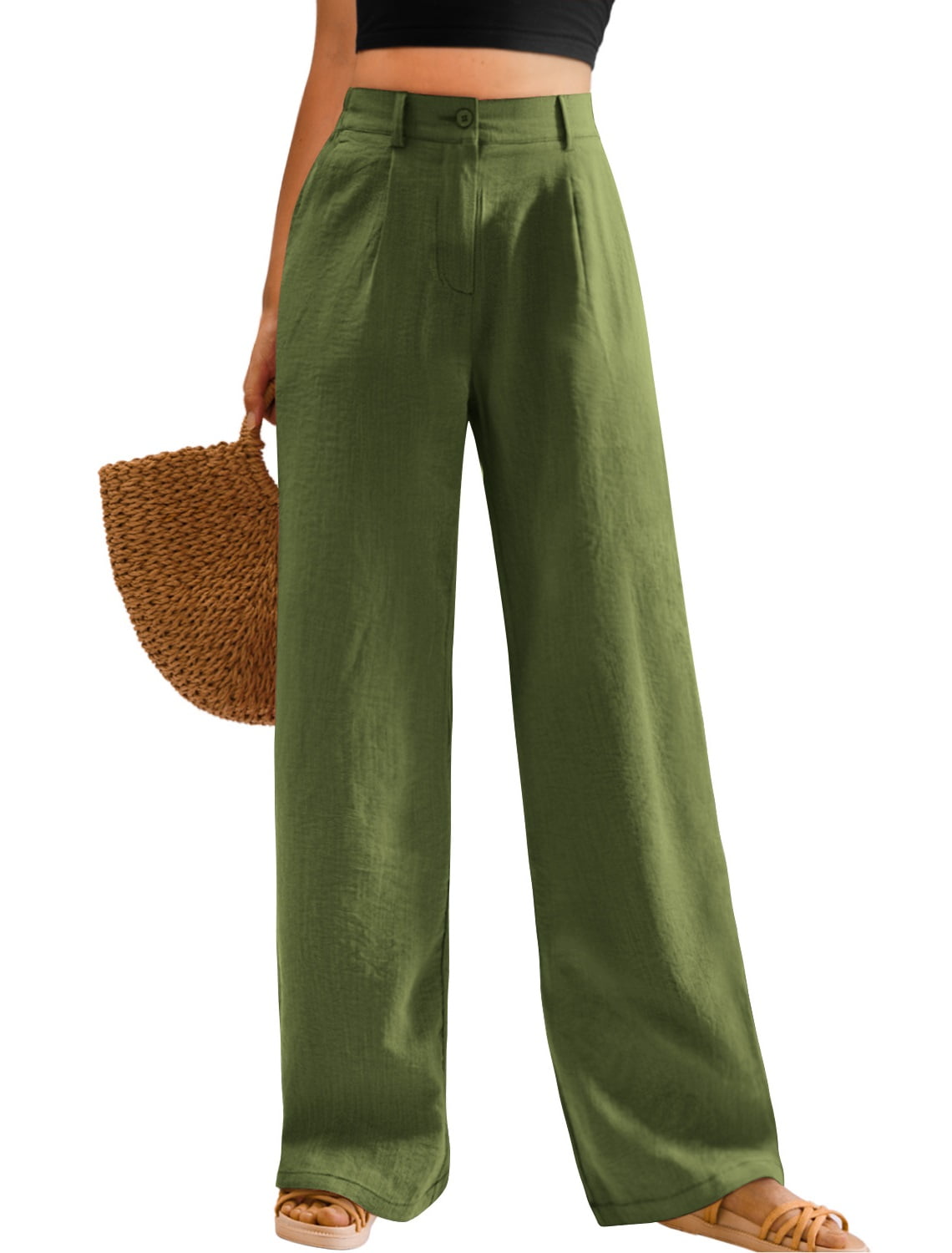 Womens Casual Wide Leg Pants Plus Size High Waisted Button Down ...