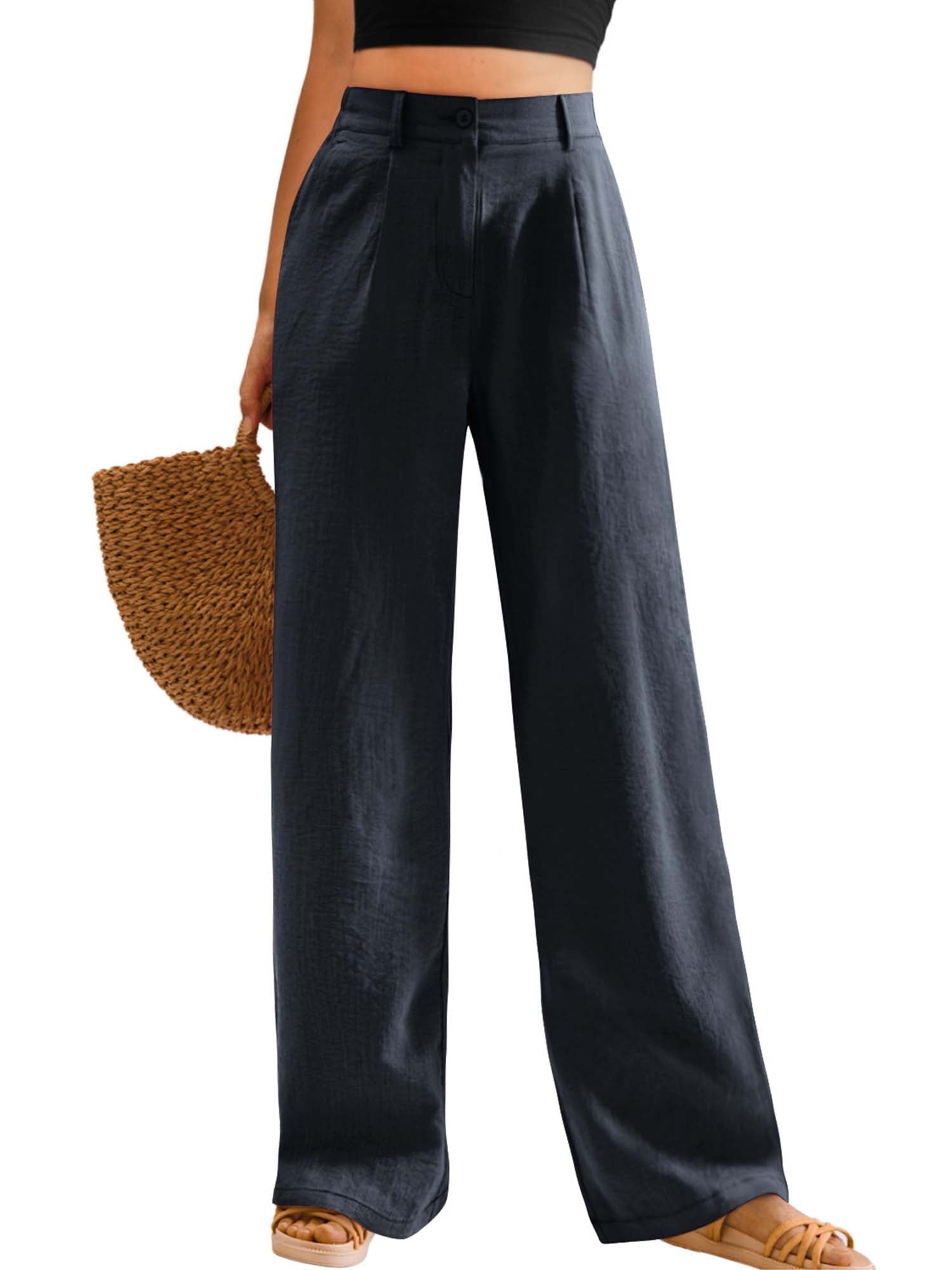 Womens Casual Wide Leg Pants High Waisted Button Down