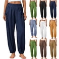 thumbnail image 1 of Womens Casual Wide Leg Pants with Pockets, 100% Cotton Elastic Waist Drawstring, Soft Lightweight Pull On Trousers for Summer, Loose Fit Lounge Pants for Beach Work | VerBelle,Yellow XL, 1 of 7