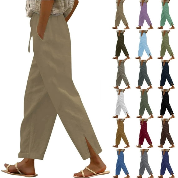 Womens Casual Wide Leg Pants Straight Long Trousers Pants Linen Drawstring Elastic Waist Wide Leg Pants