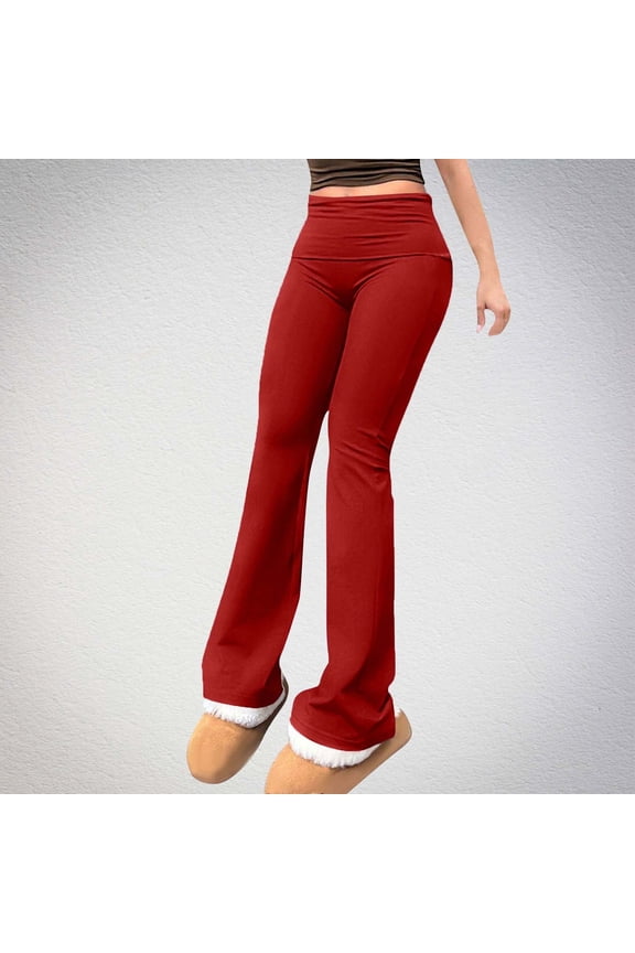 Womens Casual Wide Leg Pants Stretchy Flare Yoga Pants for Women Fold over Ruched High Waisted Outdoor Bell Bottom Joggers Leggings Red L