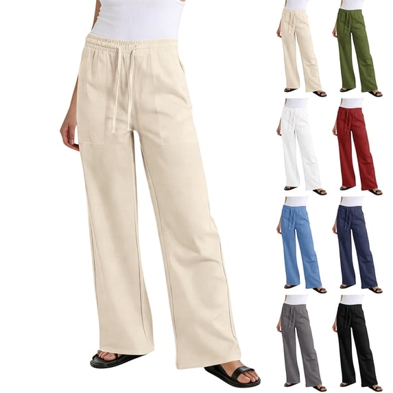 Womens Casual Wide Leg Pants Summer Beach Drawstring Palazzo Trousers Elastic Wasited Slacks with Pockets Navy S