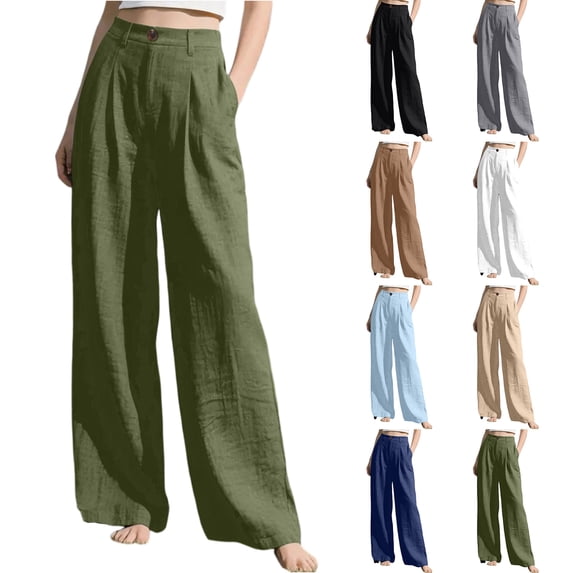 Womens Casual Wide Leg Solid Color Pants, High Waisted Button Down Straight Long Trousers Palazzo Pants, Plain Trendy Beach Casual Going Out Womens Pants Black S