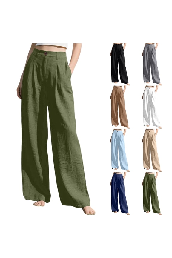 Womens Casual Wide Leg Solid Color Pants, High Waisted Button Down Straight Long Trousers Palazzo Pants, Plain Trendy Beach Casual Going Out Womens Pants Navy L
