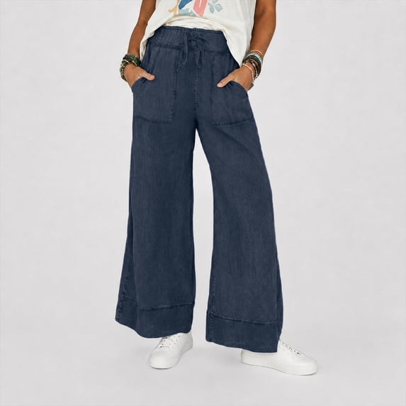 Womens Casual Wide Leg Sweatpants Acid Wash Elastic Waisted Palazzo Pants Trousers with Pockets, M
