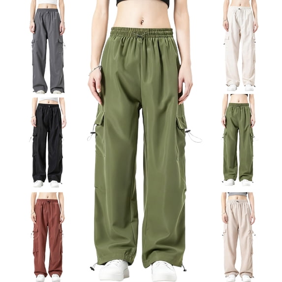 Womens Casual Windbreaker Cargo Pants Drawstring Multi Pocket Breathable Solid Color Outdoor Trousers