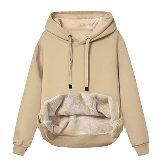 Womens Casual Winter Hooded Warm Plush Fleece Lined Pullover Hooded Sweatshirt Solid Tops Soft Sweatshirts for Women S-33 Khaki XXL