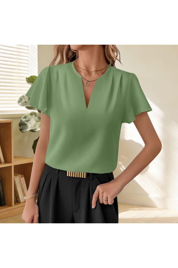 Womens Casual Work Blouse V-Neck Flutter Sleeve Top Flowy Plus Size Business Casual Shirt Green,Size 2XL