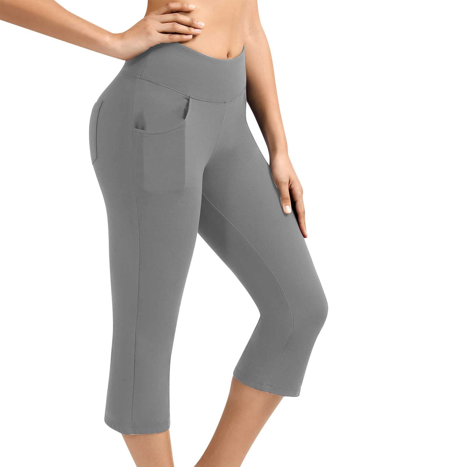 Womens Casual Yoga Capri Pants Solid Elastic Waist Knee Length Leggings  with Pockets Workout Cropped Leg Pant Gym Sports(XL,Khaki) 