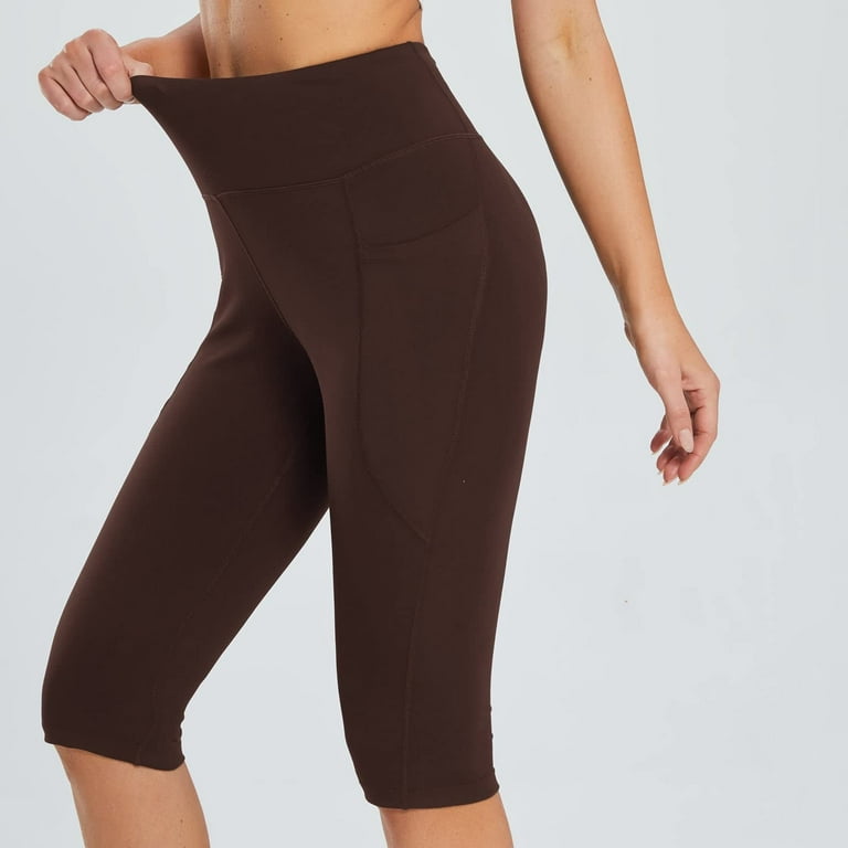Womens Casual Yoga Capris High Waist Knee Length Leggings Workout Exercise  Capris for Summer with Pockets(M,Brown)