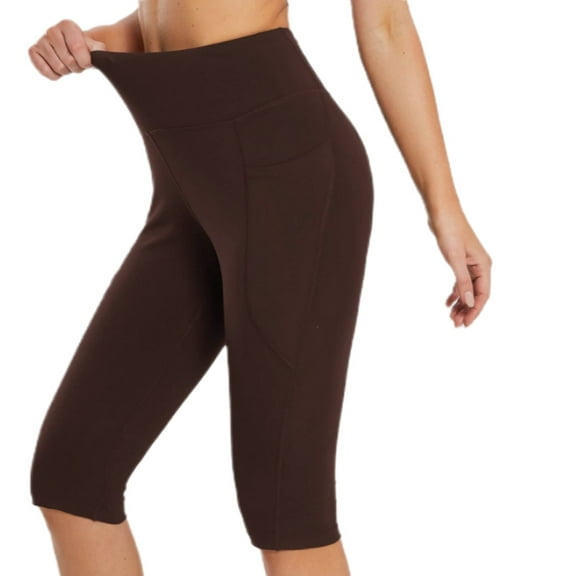 Womens Casual Yoga Capris High Waist Knee Length Leggings Workout Exercise Capris for Summer with Pockets(S,Brown)