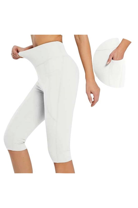 Womens Casual Yoga Capris High Waist Knee Length Leggings Workout Exercise Capris for Summer with Pockets(S,White)