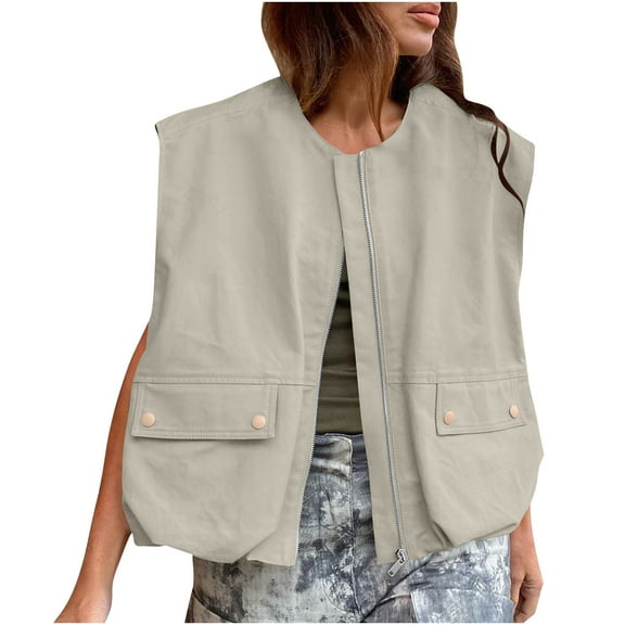 Womens Casual Zip Up Vest Cargo Oversized Ruched Hem Sleeveless Blazer Jackets Tops