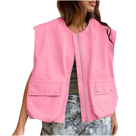 Womens Casual Zip Up Vest Cargo Oversized Ruched Hem Sleeveless Blazer Jackets Tops