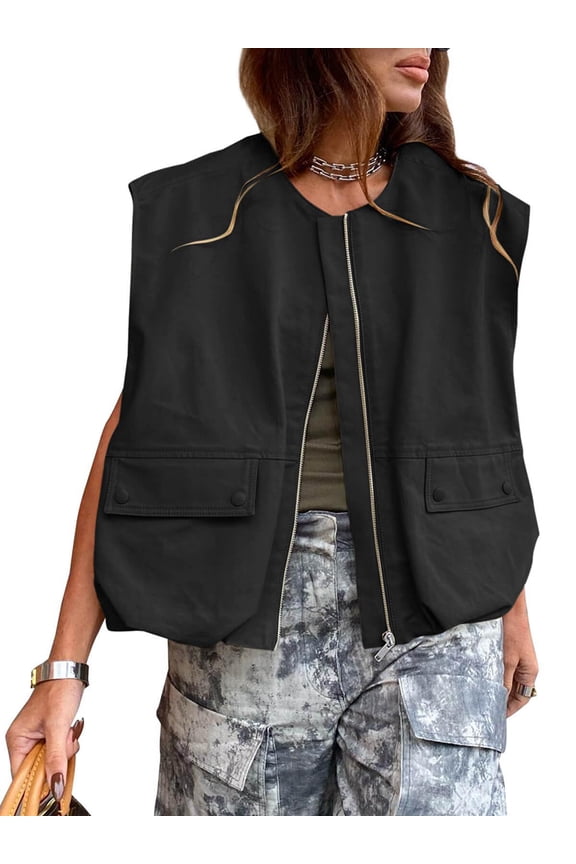 Womens Casual Zip Up Vest Cargo Oversized Ruched Hem Sleeveless Jackets Tops Black S
