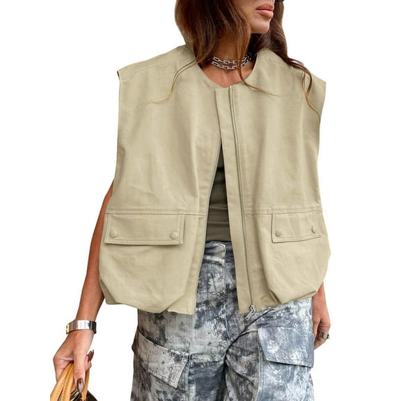 Womens Casual Zip Up Vest Cargo Oversized Ruched Hem Sleeveless Jackets Tops Khaki L
