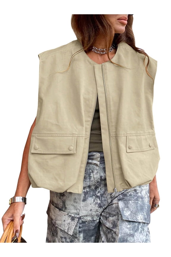 Womens Casual Zip Up Vest Cargo Oversized Ruched Hem Sleeveless Jackets Tops Khaki S