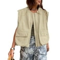 thumbnail image 1 of Womens Casual Zip Up Vest Cargo Oversized Ruched Hem Sleeveless Jackets Tops Khaki XXL, 1 of 6