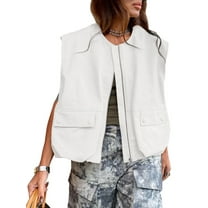 Womens Casual Zip Up Vest Cargo Oversized Ruched Hem Sleeveless Jackets Tops White L