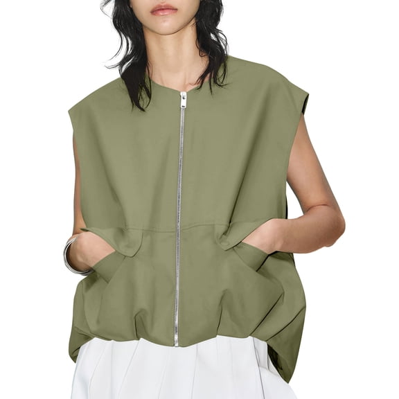 Womens Casual Zip Up Vest Oversized Sleeveless Cargo Blazer Jacket with Pockets Lightweight Ruched Hem Tops for Outdoor Vacation Travel