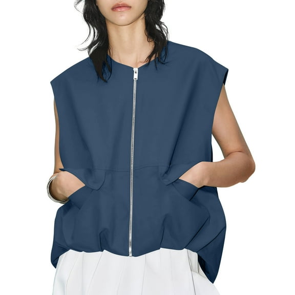 Womens Casual Zip Up Vest Oversized Sleeveless Cargo Blazer Jacket with Pockets Lightweight Ruched Hem Tops for Outdoor Vacation Travel