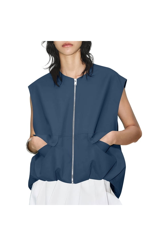 Womens Casual Zip Up Vest Oversized Sleeveless Cargo Blazer Jacket with Pockets Lightweight Ruched Hem Tops for Outdoor Vacation Travel