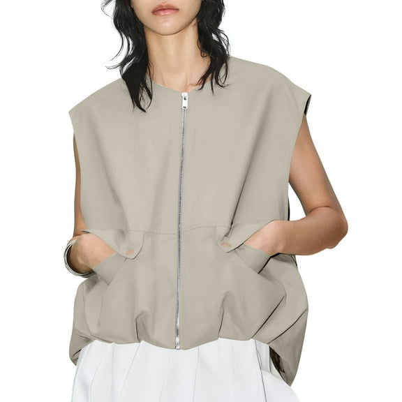 Womens Casual Zip Up Vest Oversized Sleeveless Cargo Blazer Jacket with Pockets Lightweight Ruched Hem Tops for Outdoor Vacation Travel