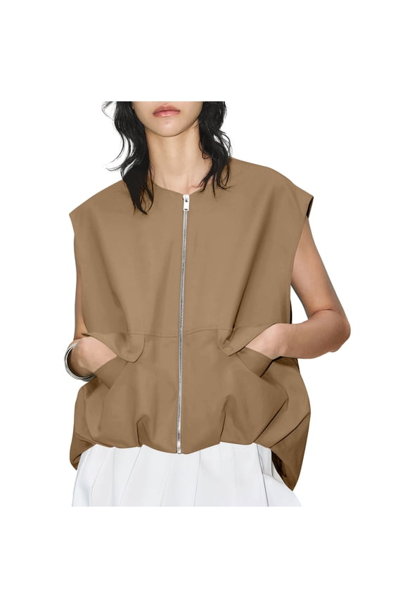 Womens Casual Zip Up Vest Oversized Sleeveless Cargo Blazer Jacket with Pockets Lightweight Ruched Hem Tops for Outdoor Vacation Travel