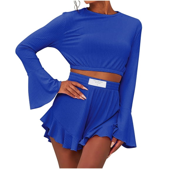 Womens Casual set loose Long Sleeve Top Solid Color Knitted Pullover Sweatsuit 2 Piece Short Sweater sports Outfits Sets,Blue,S