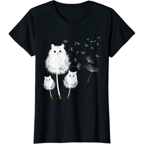 Womens Cat Dandelion amazing Flower Cat lover design women girls T-Shirt Black Tee