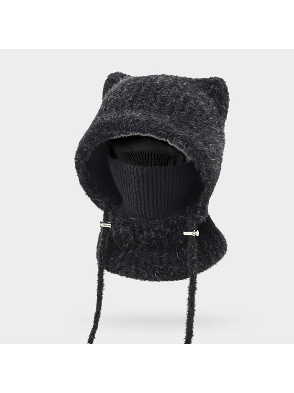 Womens Cat Ear Balaclava Plush Knit Hood with Face Cover Adjustable Drawstrings Head Face Neck Winter Cap
