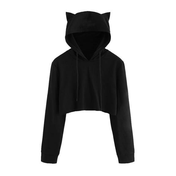 Womens Cat Ear Hoodie Sweatshirt Long Sleeve Crop Pullvoers Black L