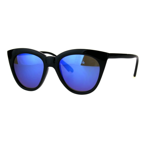 Womens Cat Eye Horned Tip Gothic Large Chic Diva Plastic Sunglasses Black Blue Mirror