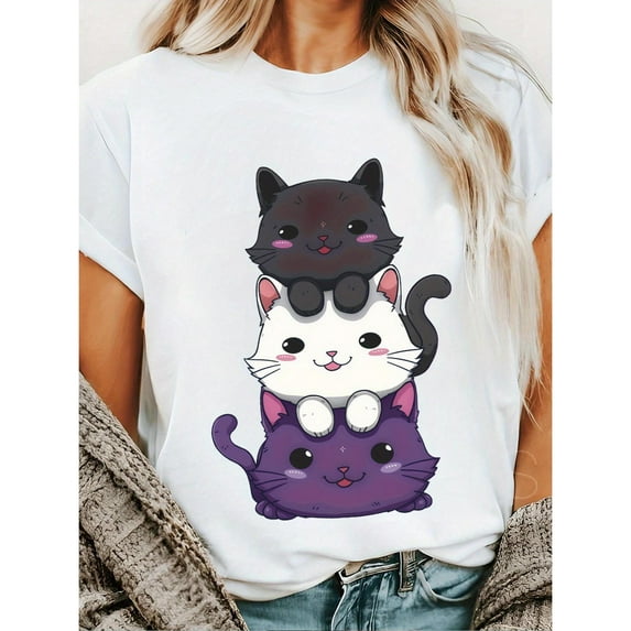 Womens Cat Graphic Tee T-Shirt Stacked Cats Cotton Top Casual Short Sleeve Relaxed Soft Comfortable White S-5XL