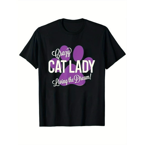 Womens Cat Lover Tee Black S-5XL Crazy Cat Lady Graphic T-Shirt Playful Paw Print Design 100 Percent Cotton Soft Crew Neck Top Funny Pet Owner Shirt Casual Everyday Wear Comfortable Machine Washable