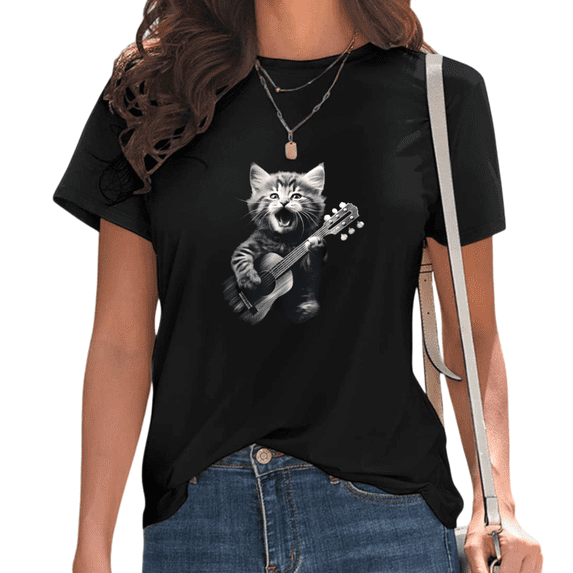 Womens Cat Playing Guitar Print Tshirt Graphic Tees Shirts Black Funny Music Lover Casual Daily Wear Pet Owner Gift Tops S-5XL
