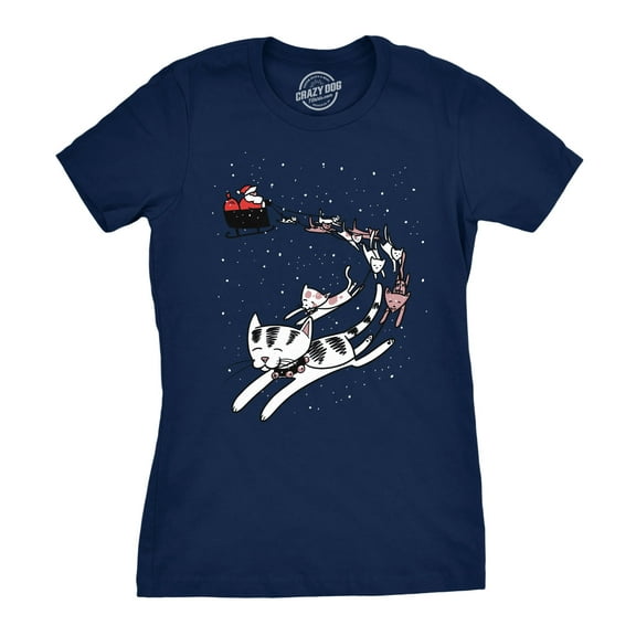 Womens Cat Reindeer Sleigh T Shirt Funny Santa Christmas Holiday Party Tee Womens Graphic Tees