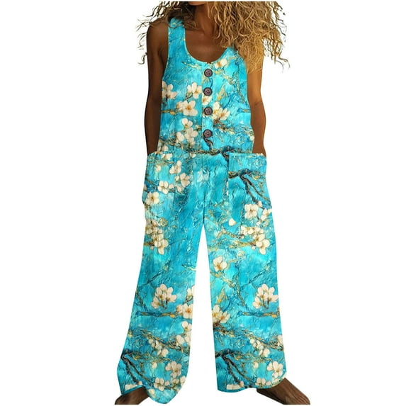 Womens Causal Sleeveless Jumpsuits Summer Boho Wide Leg Floral Rompers Overalls with Pockets Multicolor 02 M