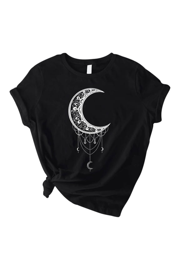 Womens Celestial Moon Graphic T-Shirt Short Sleeve Crewneck Tee Top Summer Casual Pullover Streetwear Black