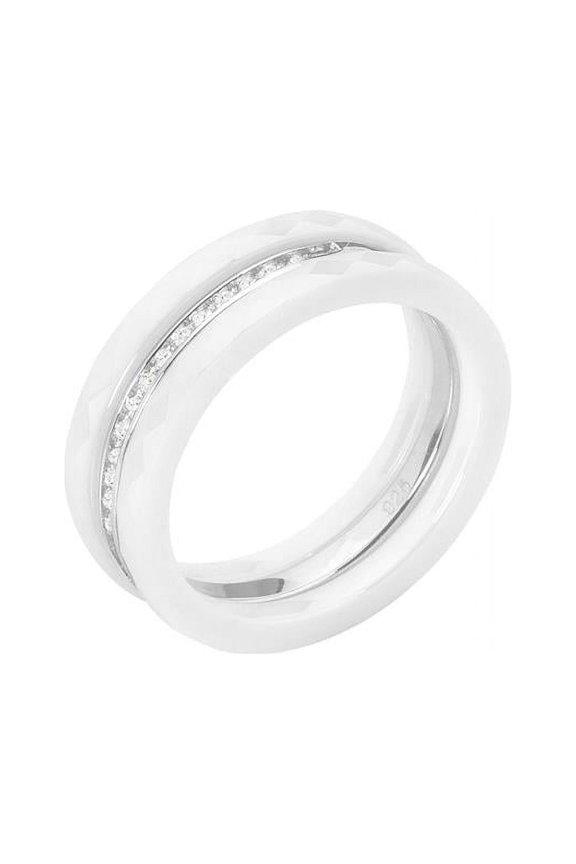 Womens Ceramic Triplet Ring with Cubic Zirconia, White - Size 10