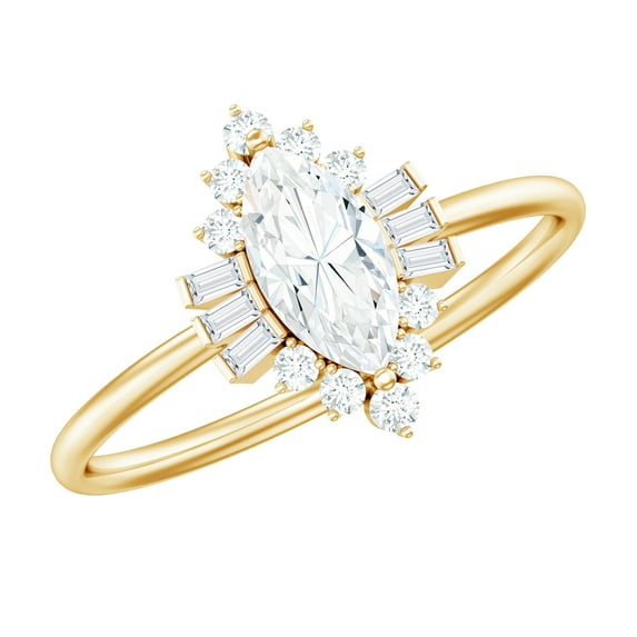 Rosec Jewels Womens Certified Moissanite Cocktail Ring with Halo, D-VS1 Quality, 10K Yellow Gold, US 3.00