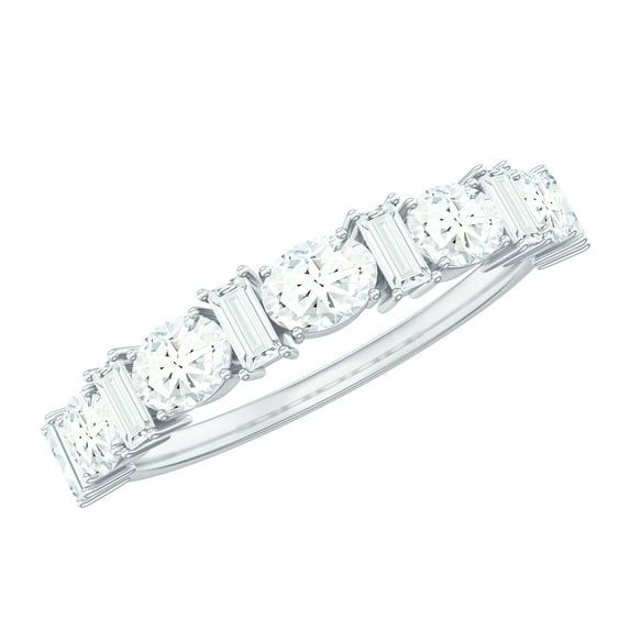 Rosec Jewels Oval and Baguette Moissanite Half Eternity Ring - Wedding Anniversary Ring - D-VS1 Quality, 10K White Gold, US 8.50