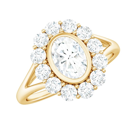 Rosec Jewels Womens Certified Moissanite Halo Ring, Cocktail Ring, 5X7mm Oval Shape - D-VS1 Quality Certified, 10K Yellow Gold, US 6.50
