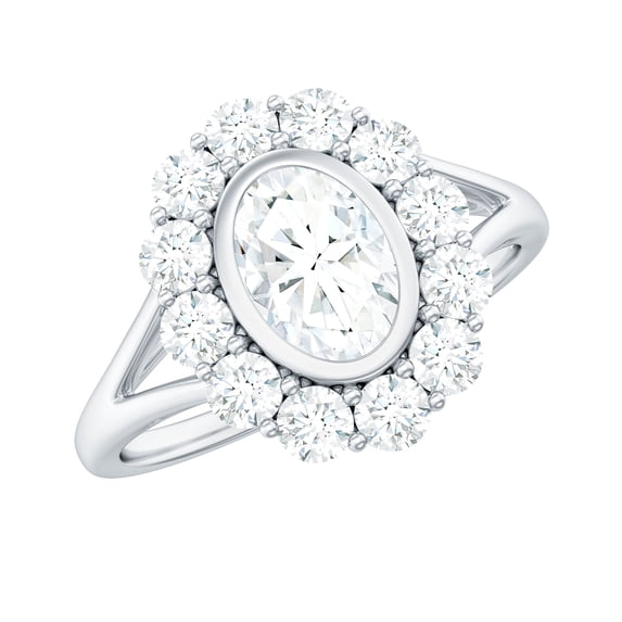 Rosec Jewels Womens Certified Moissanite Halo Ring, Cocktail Ring, 5X7mm Oval Shape - D-VS1 Quality Certified, 14K White Gold, US 7.00