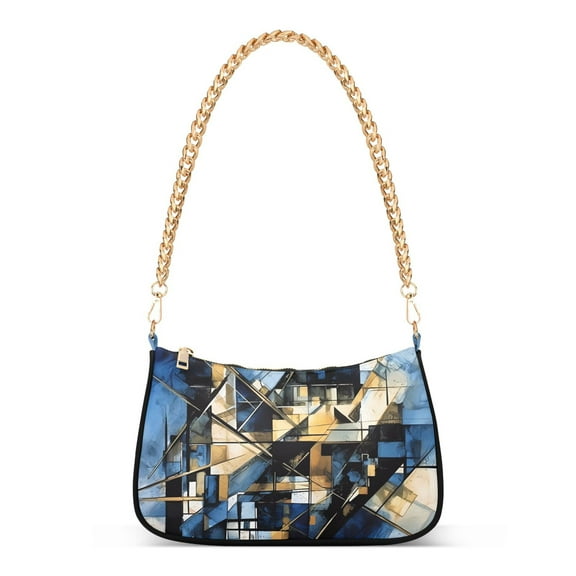 Womens Chain Shoulder Bag Abstract Geometry Blue Classic Tote Handbags Fashion Clutch Hobo Purse with Zipper for Travel Casual