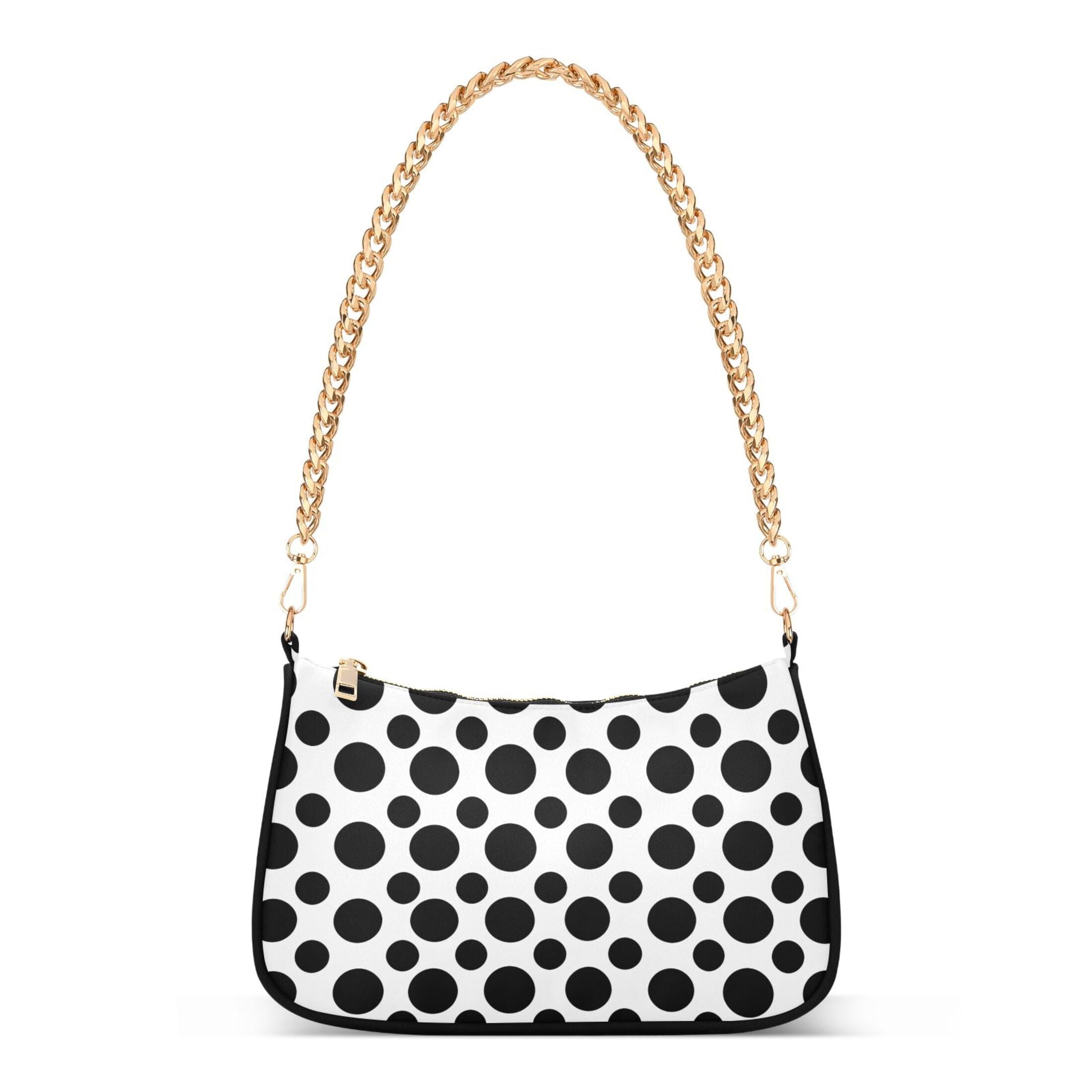 Womens Chain Shoulder Bag Black Polka Dots on White Classic Tote Handbags Fashion Clutch Hobo Purse with Zipper for Travel Casual