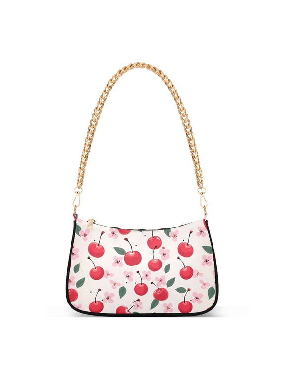 Womens Chain Shoulder Bag Cherry and Flowers Classic Tote Handbags Fashion Clutch Hobo Purse with Zipper for Travel Casual