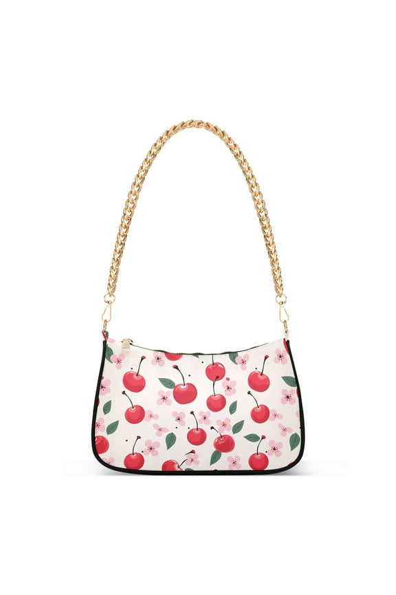 Womens Chain Shoulder Bag Cherry and Flowers Classic Tote Handbags Fashion Clutch Hobo Purse with Zipper for Travel Casual