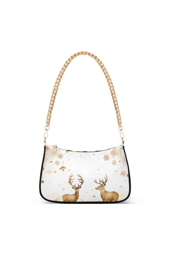Womens Chain Shoulder Bag Christmas Deers Golden Classic Tote Handbags Fashion Clutch Hobo Purse with Zipper for Travel Casual