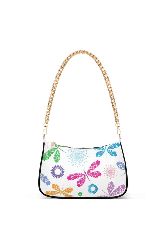 Womens Chain Shoulder Bag Colorful Dragonflies Flowers Classic Tote Handbags Fashion Clutch Hobo Purse with Zipper for Travel Casual